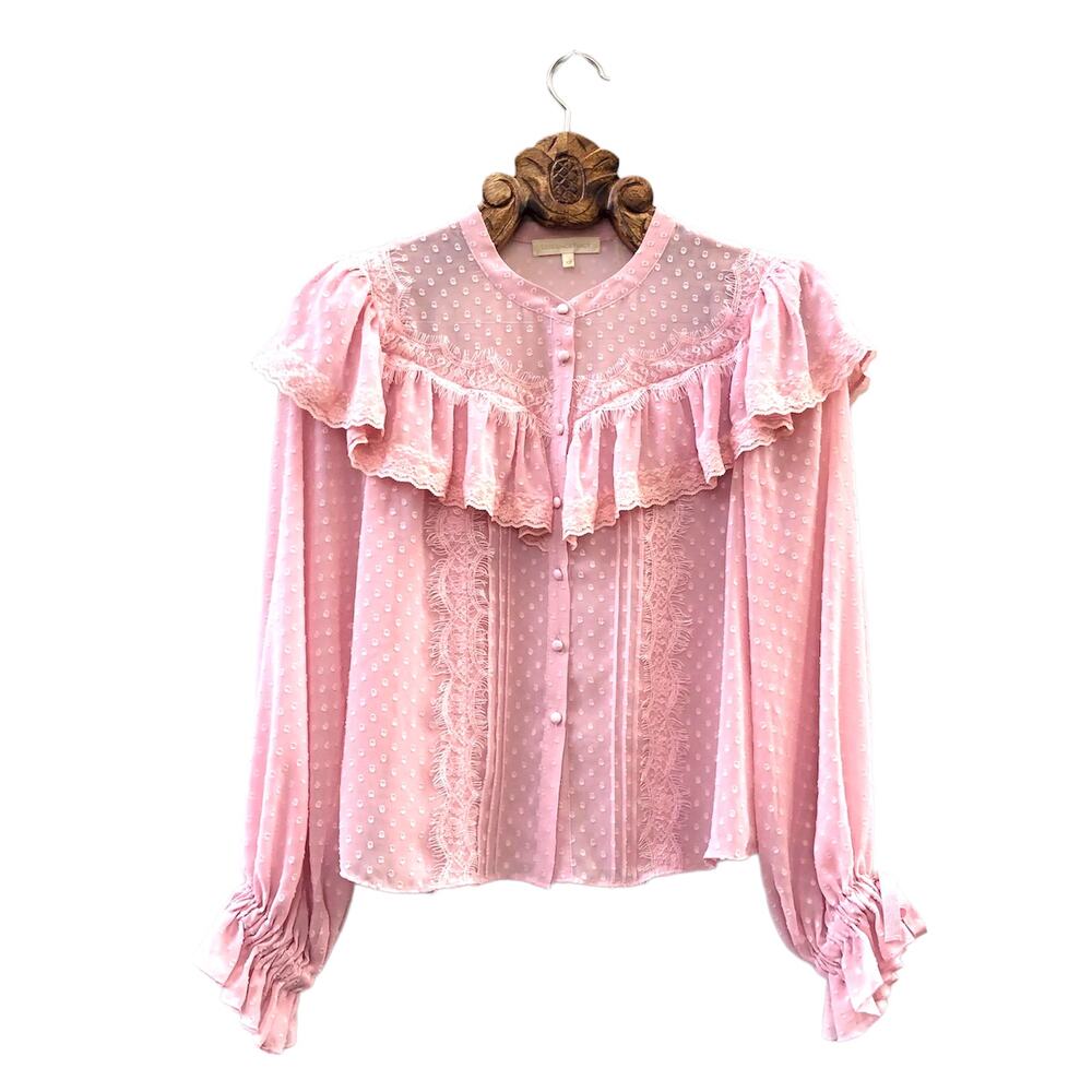 Love Shack Fancy Erika Top in Eros Pink Swiss Dot Ruffle Lace Billow Sleeve xs